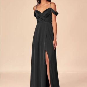 Azazie Black A-Line V-Neck Pleated Stretch Satin Dress